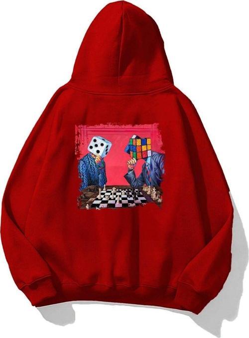 Kapüşonlu Içi Polar Satranç Baskılı Kırmızı Unisex Oversize Hoodie Sweatshirt