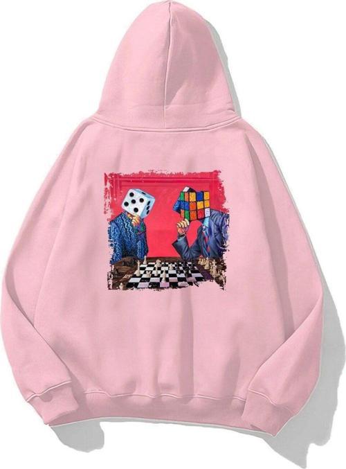 Kapüşonlu Içi Polar Satranç Baskılı Pembe Unisex Oversize Hoodie Sweatshirt