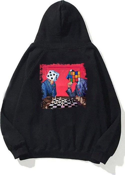 Kapüşonlu Içi Polar Satranç Baskılı Siyah Unisex Oversize Hoodie Sweatshirt