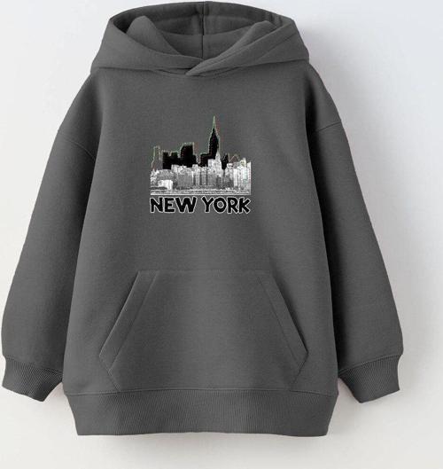 Kapüşonlu Içi Polar New York Yazı Baskılı Siyah Unisex Çocuk Hoodie Sweatshirt