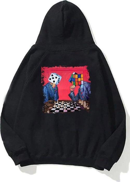 Kapüşonlu Içi Polar Satranç Baskılı Siyah Unisex Oversize Hoodie Sweatshirt