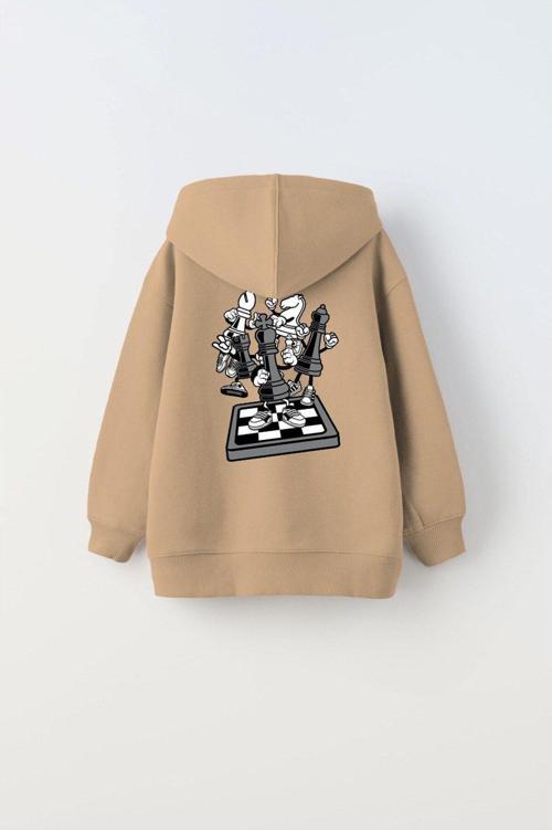 Kapüşonlu Içi Polar Satranç Think Baskılı Bej Unisex Çocuk Hoodie Sweatshirt
