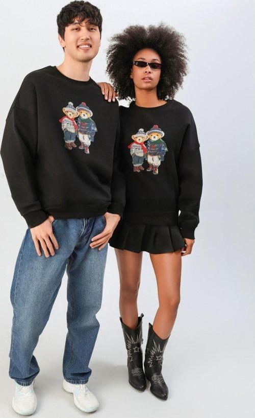 Bisiklet Yaka Teddy  Sevgili Kombini Şardonlu Yumuşak Dokulu Sweatshirt