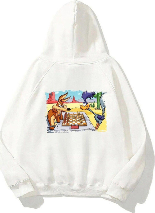 Kapüşonlu Içi Polar Satranç Cartoon Baskılı Beyaz Unisex Oversize Hoodie Sweatshirt