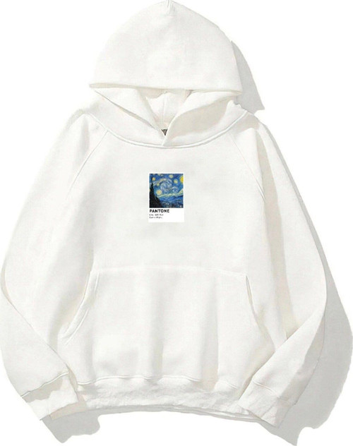 Kapüşonlu Içi Polar Starry Night Baskılı Beyaz Unisex Oversize Hoodie Sweatshirt