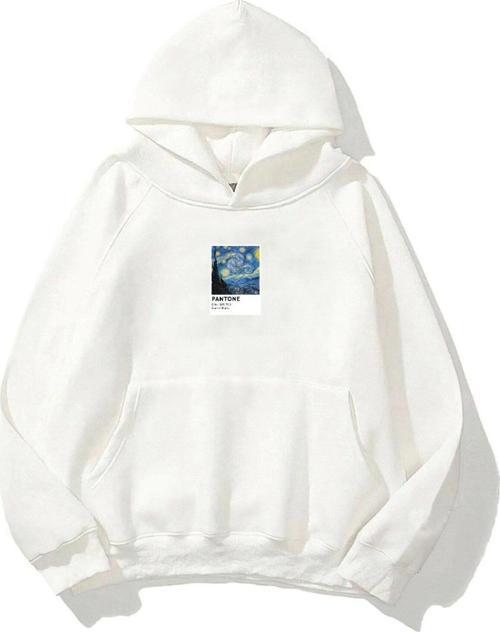 Kapüşonlu Içi Polar Starry Night Baskılı Beyaz Unisex Oversize Hoodie Sweatshirt