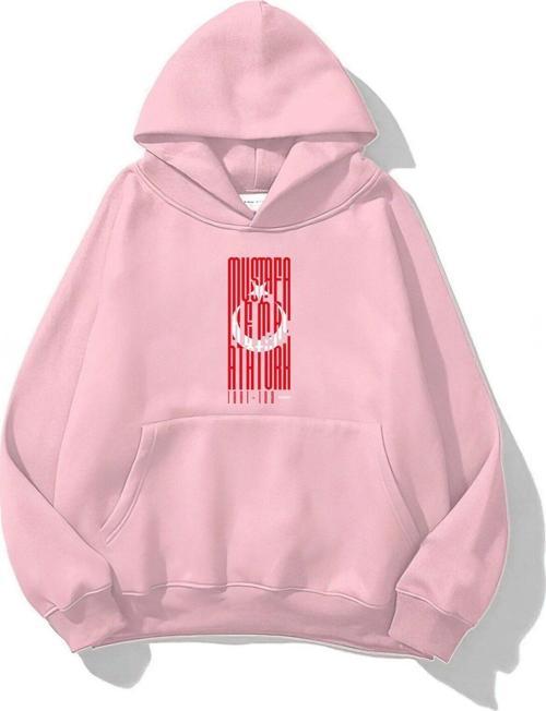 Kapüşonlu Içi Polar Türk Bayrağı Baskılı Pembe Unisex Hoodie Sweatshirt