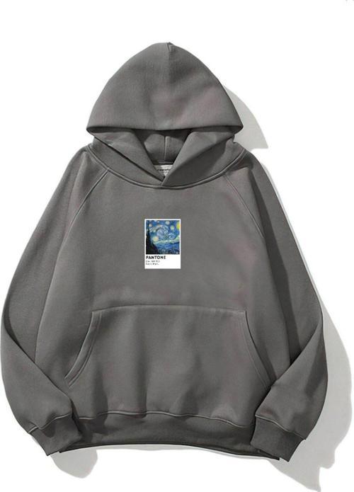 Kapüşonlu Içi Polar Starry Night Baskılı Füme Unisex Oversize Hoodie Sweatshirt