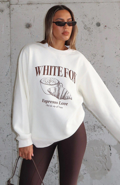 White Fox Krem Kadın Espresso Love Yazılı Bisiklet Yaka Oversize Sweatshirt