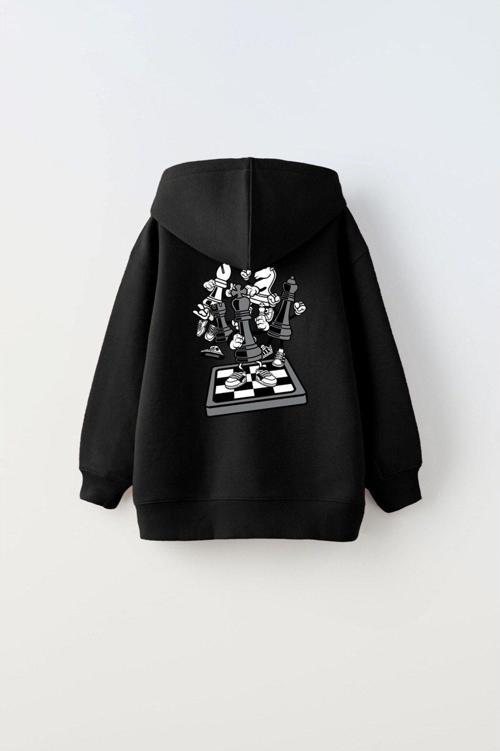 Kapüşonlu Içi Polar Satranç Think Baskılı Siyah Unisex Çocuk Hoodie Sweatshirt