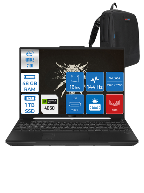 Tuf Gaming F16 FX607VU Intel Core Ultra 5 210H 48GB Ddr5 1tb SSD 6GB/RTX4050/140W Freedos 16" Fhd+ 144Hz IPS Taşınabilir Bilgisayar FXRL141F14 + Zettaçanta