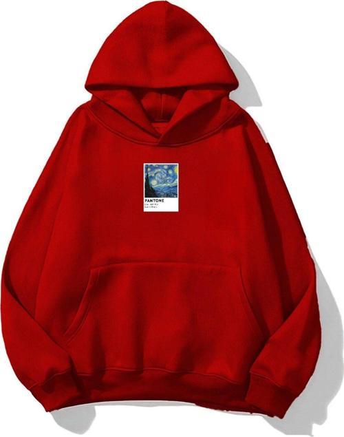 Kapüşonlu Içi Polar Starry Night Baskılı Kırmızı Unisex Oversize Hoodie Sweatshirt