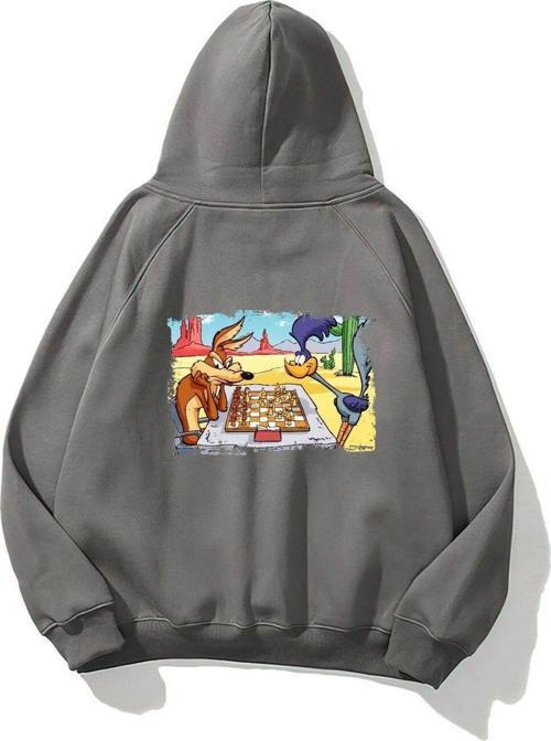 Kapüşonlu Içi Polar Satranç Cartoon Baskılı Füme Unisex Oversize Hoodie Sweatshirt