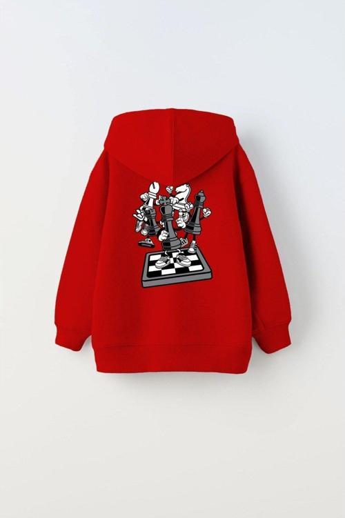 Kapüşonlu Içi Polar Satranç Think Baskılı Kırmızı Unisex Çocuk Hoodie Sweatshirt