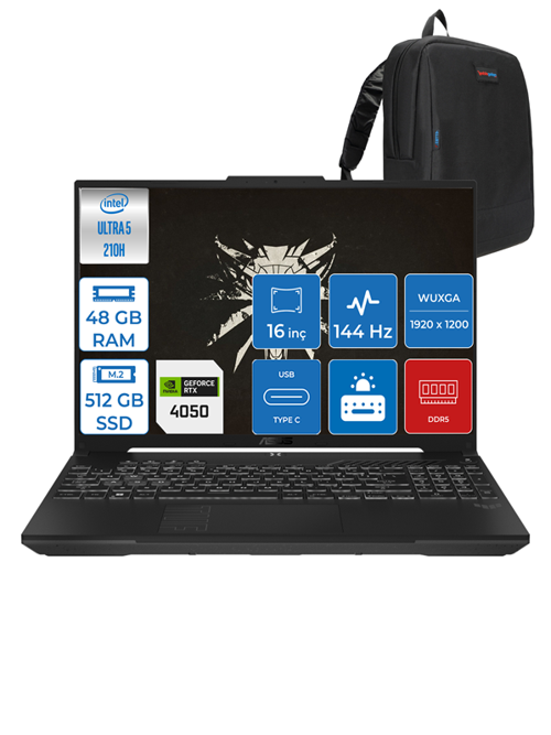 Tuf Gaming F16 FX607VU Intel Core Ultra 5 210H 48GB Ddr5 512GB SSD 6GB/RTX4050/140W WIN11HOME 16" Fhd+ 144Hz IPS Taşınabilir Bilgisayar FXRL141H13 + Zettaçanta