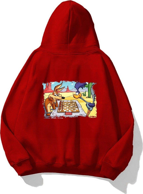 Kapüşonlu Içi Polar Satranç Cartoon Baskılı Kırmızı Unisex Oversize Hoodie Sweatshirt