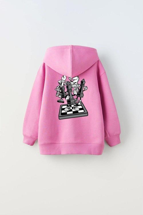 Kapüşonlu Içi Polar Satranç Think Baskılı Pembe Unisex Çocuk Hoodie Sweatshirt