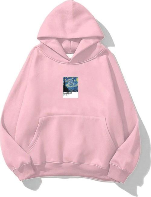Kapüşonlu Içi Polar Starry Night Baskılı Pembe Unisex Oversize Hoodie Sweatshirt