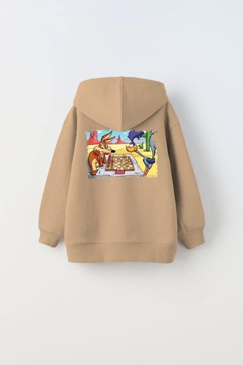 Kapüşonlu Içi Polar Satranç Cartoon Baskılı Bej Unisex Çocuk Hoodie Sweatshirt