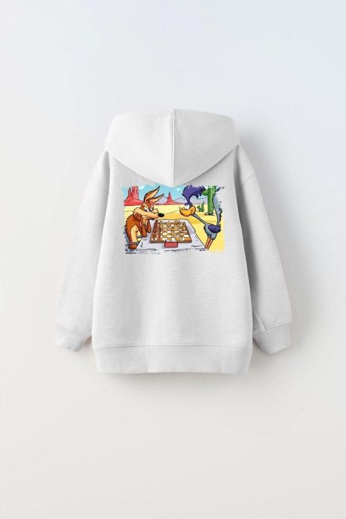 Kapüşonlu Içi Polar Satranç Cartoon Baskılı Beyaz Unisex Çocuk Hoodie Sweatshirt