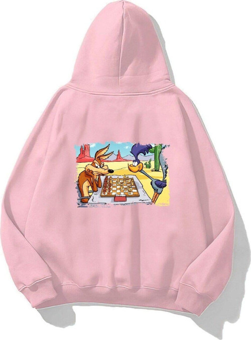 Kapüşonlu Içi Polar Satranç Cartoon Baskılı Pembe Unisex Oversize Hoodie Sweatshirt