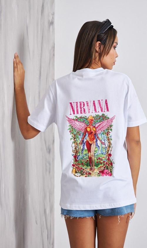 Nirvana Yazılı Melek Tasarım Baskılı Beyaz Kadın T-Shirt