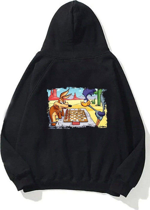 Kapüşonlu Içi Polar Satranç Cartoon Baskılı Siyah Unisex Oversize Hoodie Sweatshirt