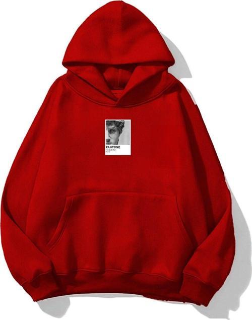 Kapüşonlu Içi Polar David Baskılı Kırmızı Unisex Oversize Hoodie Sweatshirt