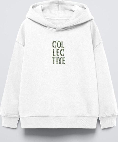 Beyaz Kapüşonlu Collective Yazılı Arka Fly Kn It Yazılı Oversize Çocuk Sweatshirt