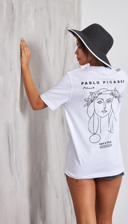 War Peace Pablo Picasso Yazılı Tasarım Baskılı Beyaz Kadın T-Shirt