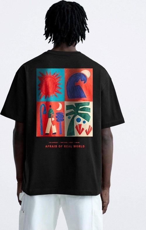 Bisiklet Yaka Afraid Of Real World Baskılı Siyah Oversize Erkek T-Shirt