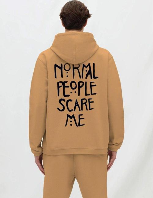 Kapüşonlu İçi Polar Normal People Scare Me Baskılı Bej Unisex Hoodie Sweatshirt