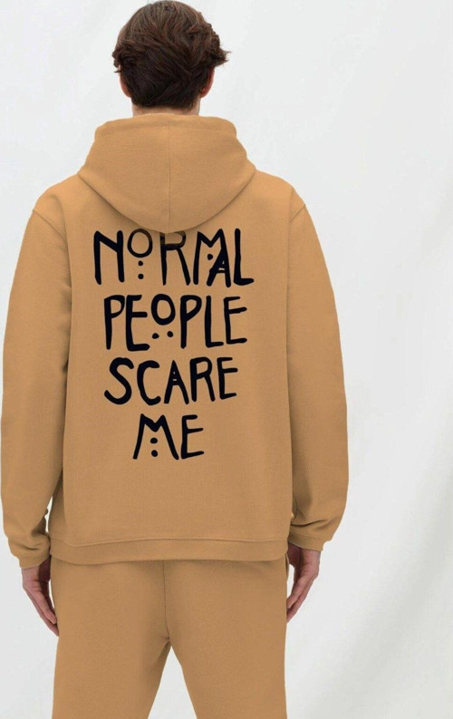 Kapüşonlu İçi Polar Normal People Scare Me Baskılı Bej Unisex Hoodie Sweatshirt