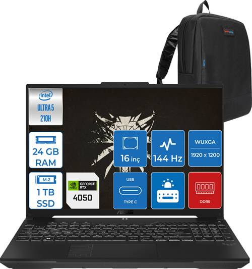 Tuf Gaming F16 FX607VU Intel Core Ultra 5 210H 24GB Ddr5 1tb SSD 6GB/RTX4050/140W Freedos 16" Fhd+ 144Hz IPS Taşınabilir Bilgisayar FXRL141F06 + Zettaçanta