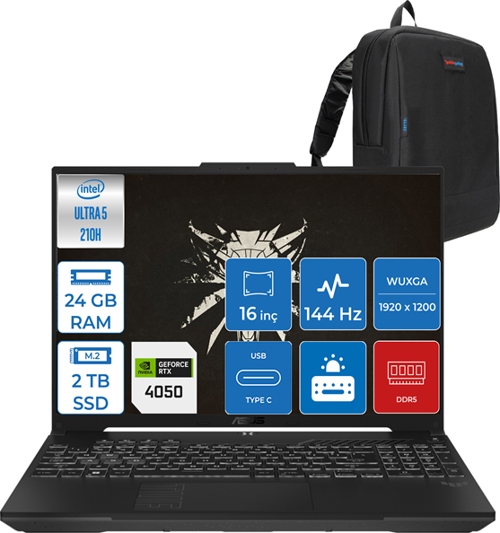Tuf Gaming F16 FX607VU Intel Core Ultra 5 210H 24GB Ddr5 2tb SSD 6GB/RTX4050/140W WIN11HOME 16" Fhd+ 144Hz IPS Taşınabilir Bilgisayar FXRL141H07 + Zettaçanta