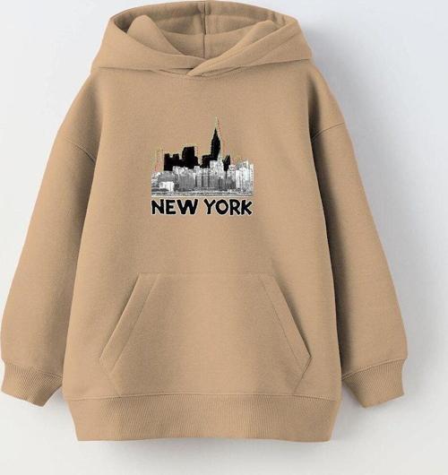 Kapüşonlu İçi Polar New York Yazı Baskılı Bej Unisex Çocuk Hoodie Sweatshirt