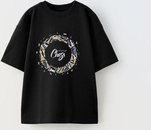 Let'S Play Chess Yazılı Dönen Satranç Tasarım Baskılı Siyah Çocuk T-Shirt