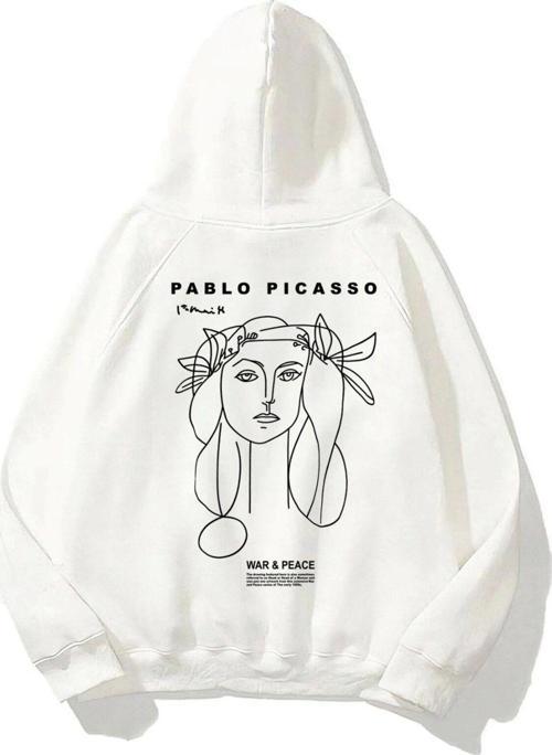 Kapüşonlu Içi Polar War & Peace Baskılı Beyaz Unisex Hoodie Sweatshirt