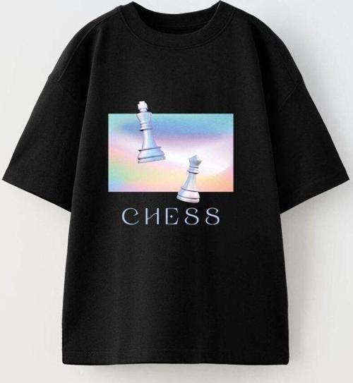 Chess Yazılı Renkli Satranç Tasarım Baskılı Siyah Çocuk T-Shirt
