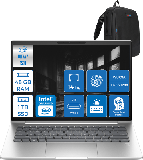 Elitebook 640 G11 Ultra7 155U 48GB Ddr5 1tb SSD 14"' Fhd 400NIT Wuxga Windows 11 Home Taşınabilir Bilgisayar HA23E2EAH013 + Zettaçanta