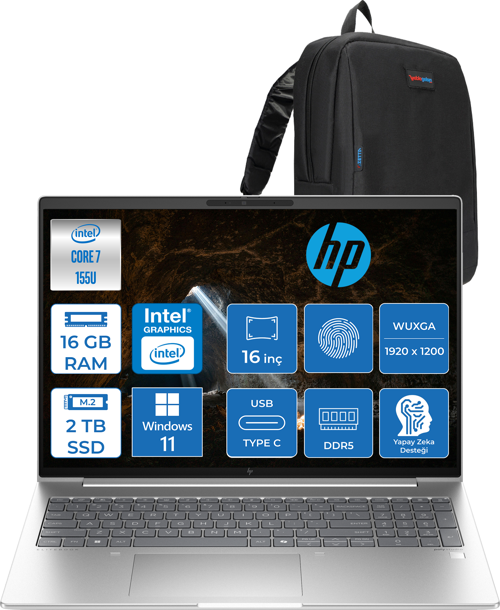 Elitebook 660 G11 Intel Core Ultra 7 155U 16GB Ddr5 2tb SSD 16" Wuxga 300NITS IPS Windows 11 Home Taşınabilir Bilgisayar 9C004EAH03 + Zetta Çanta