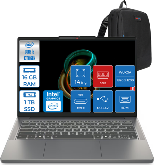 Ideapad Slim 3 Intel Core I5 13420H 16GB Ddr5 512GB + 512GB SSD Intel® UHD Graphics WIN11PRO 14" Wuxga IPS Taşınabilir Bilgisayar 3S15IRH10P02 + Zettaçanta