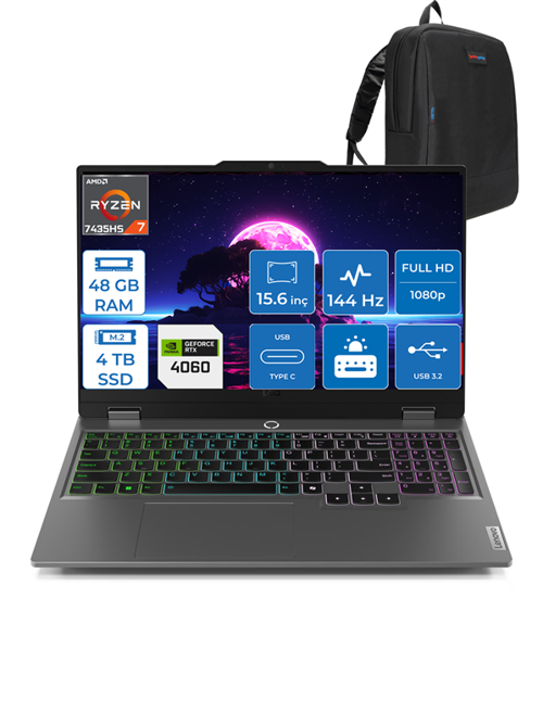 Loq Amd Ryzen 7 7435HS 48GB Ddr5 4tb SSD 8GB/RTX4060/105W WIN11PRO 15.6" Fhd 144Hz Yapay Zeka Destekli Taşınabilir Bilgisayar LQ83JC00E7TRP16 + Zettaçanta