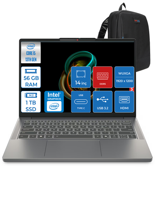 Ideapad Slim 3 Intel Core I5 13420H 56GB Ddr5 512GB + 512GB SSD Intel® UHD Graphics WIN11PRO 14" Wuxga IPS Taşınabilir Bilgisayar 3S15IRH10P14 + Zettaçanta