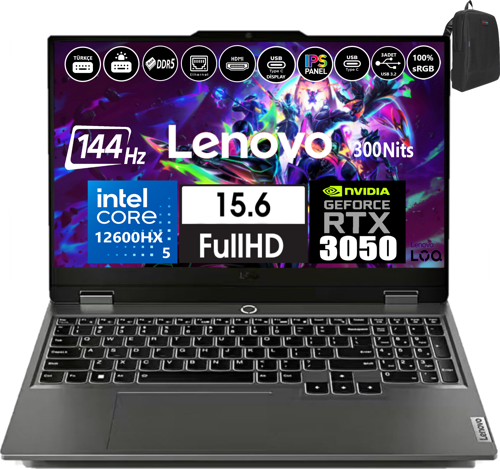 Loq 15IAX9 Intel Core I5 12600HX 96GB Ddr5 4tb SSD 6GB/RTX3050 WINDOWS11HOME 15.6" 144Hz Fhd IPS 300NIT Taşınabilir Bilgisayar 883GS00PDTR40+WEBLEGELSINÇANTA