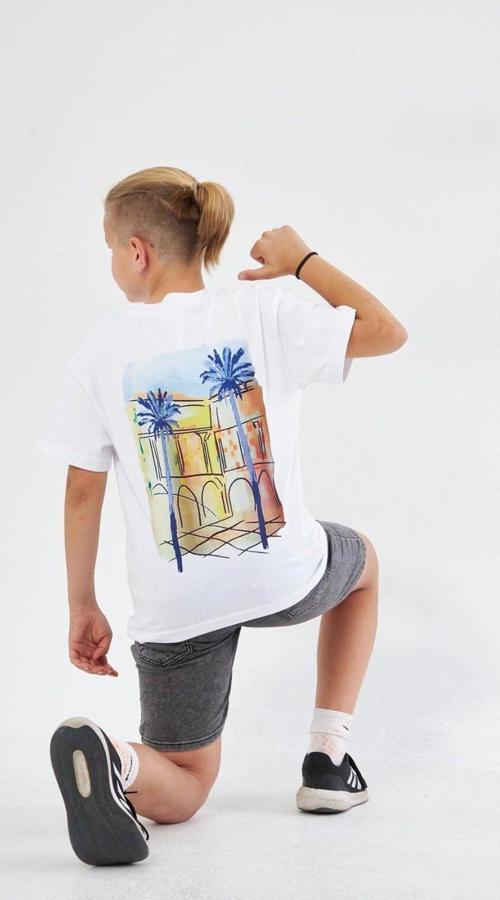 Bisiklet Yaka Palmiye Baskılı Beyaz Çocuk T-Shirt