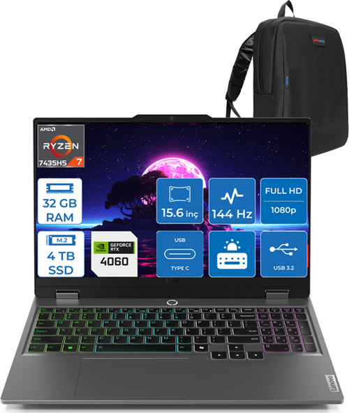 Loq Amd Ryzen 7 7435HS 32GB Ddr5 4tb SSD 8GB/RTX4060/105W WIN11PRO 15.6" Fhd 144Hz Yapay Zeka Destekli Taşınabilir Bilgisayar LQ83JC00E7TRP12 + Zettaçanta