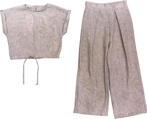 Kız Çocuk Kelebek Nakışlı Keten Takım