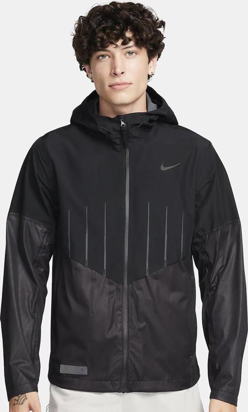 Running Storm Fit Division Aerogami Jacket Erkek Su itici Kapüşonlu Reflektörlü Yürüyüş Koşu Ceketi Siyah