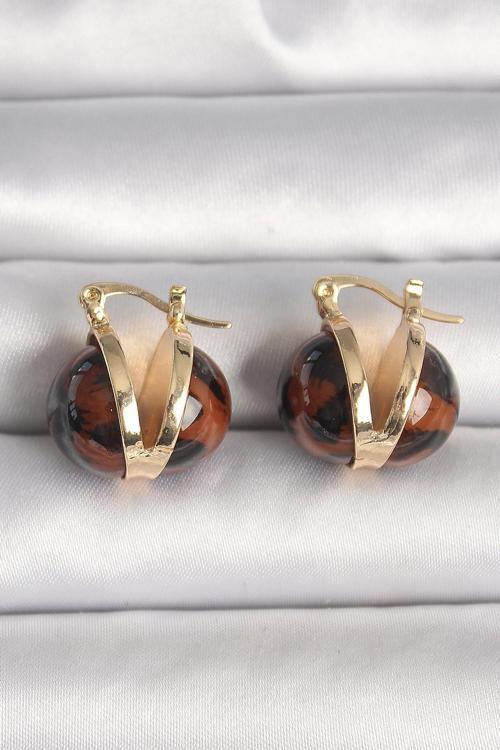 Pirinç Gold Renk Leopar Desen 3D Daire Model Kadın Küpe